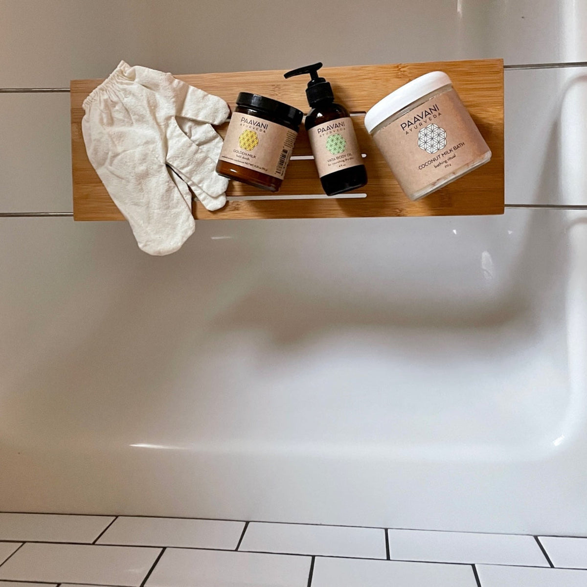 Simple bath stack by Paavani Ayurveda, featuring herbal products for holistic self-care of body, mind, spirit, and skin.