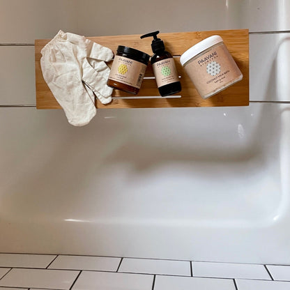 Simple bath stack by Paavani Ayurveda, featuring herbal products for holistic self-care of body, mind, spirit, and skin.