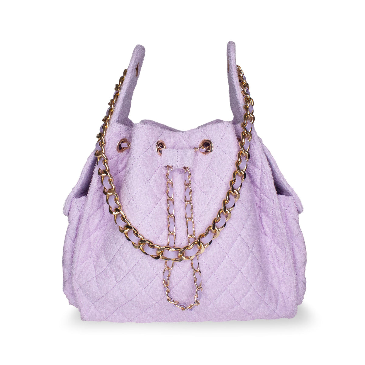 Medium Bayshore Bucket by BEACH HAUS in lilac color with a metal handle and beach-themed design on the surface.