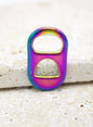 Holographic iridescent soda pull tab pendant in 18K gold filled from MIA Jewelry, showcasing its shiny, colorful surface.