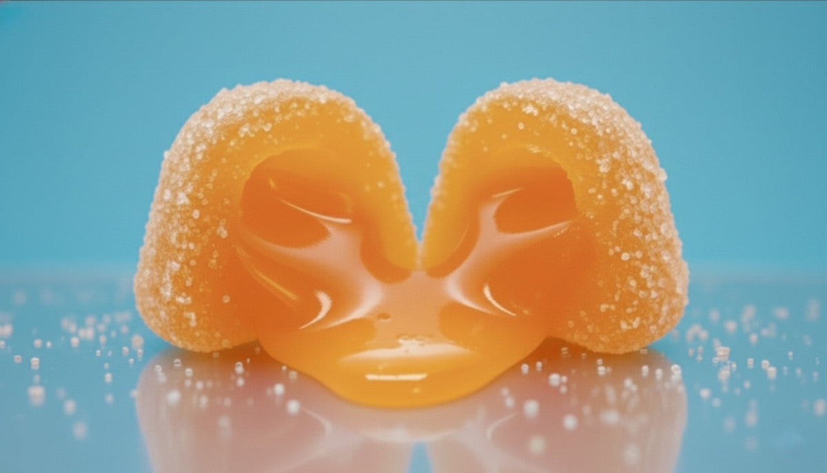 Close-up of Gym Candy Bursts by Gain Gummies, showing colorful, chewy candy pieces in bright packaging.