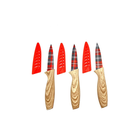 Dura Living 3-piece festive holiday gingham kitchen paring knives set with blade guards on a wooden surface.