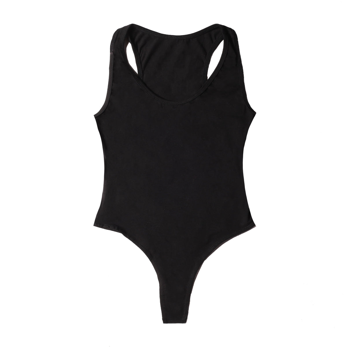 Women's black bodysuit by POS Wholesale, closeout style, fitted design, with long sleeves and scoop neckline, shown on a model.