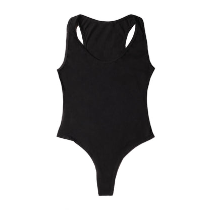 Women's black bodysuit by POS Wholesale, closeout style, fitted design, with long sleeves and scoop neckline, shown on a model.