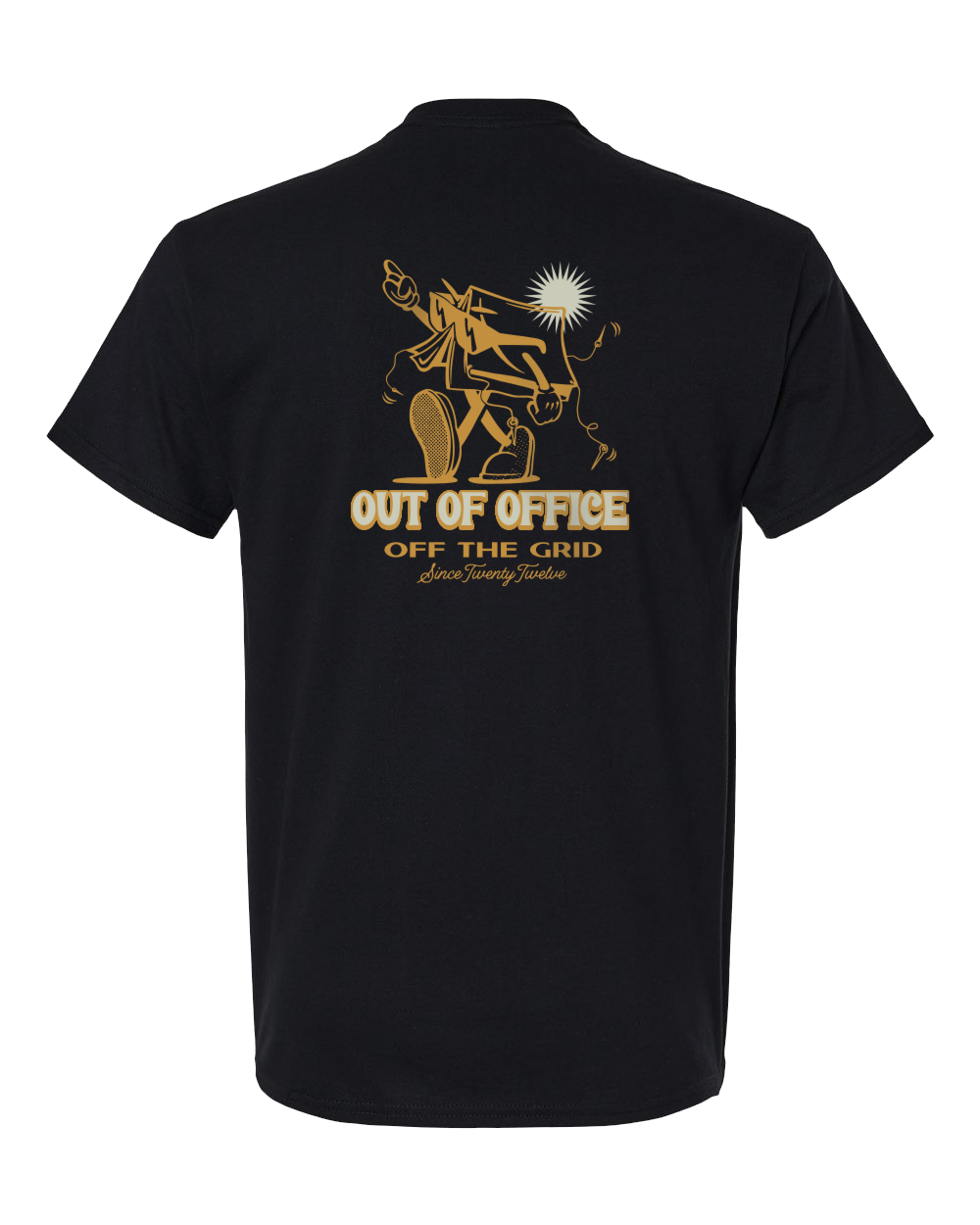 Black Off The Grid Surplus In Tents T-Shirt with graphic design, casual fit, and short sleeves.
