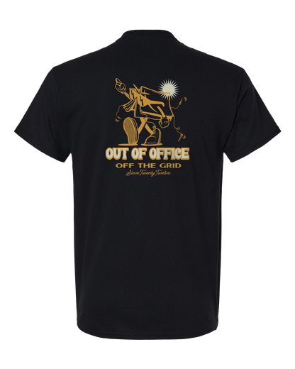 Black Off The Grid Surplus In Tents T-Shirt with graphic design, casual fit, and short sleeves.