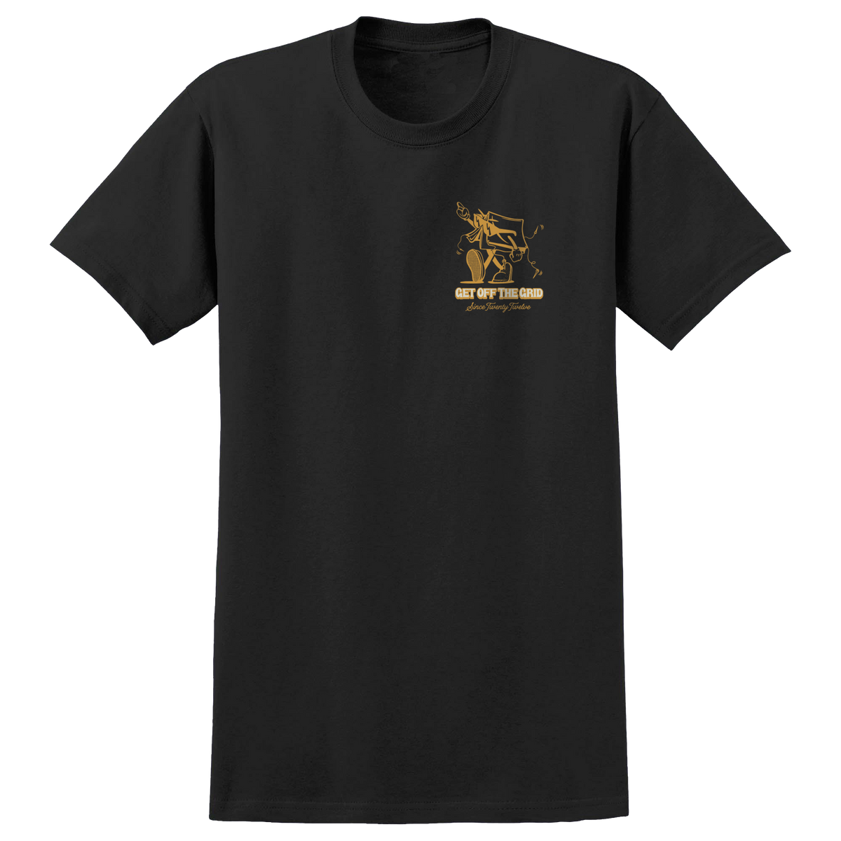 Black Off The Grid Surplus In Tents T-Shirt featuring a front graphic design