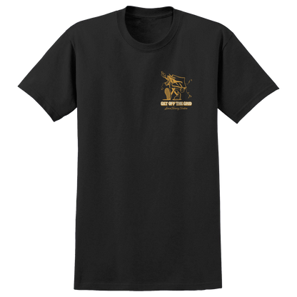Black Off The Grid Surplus In Tents T-Shirt featuring a front graphic design