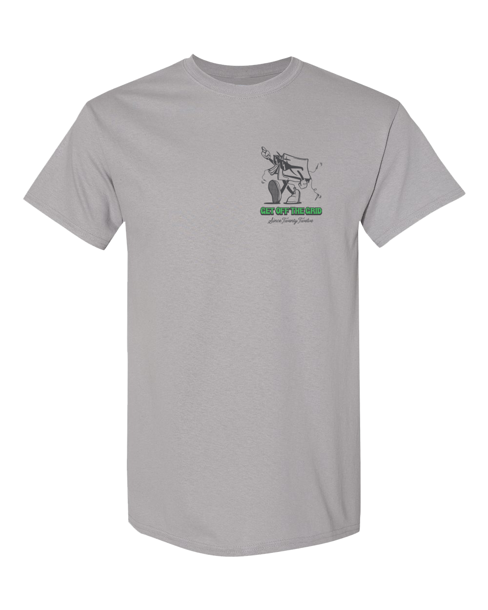 Gray "In Tents" T-shirt by Off The Grid Surplus displayed flat with front view, showcasing the printed design.