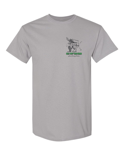 Gray "In Tents" T-shirt by Off The Grid Surplus displayed flat with front view, showcasing the printed design.