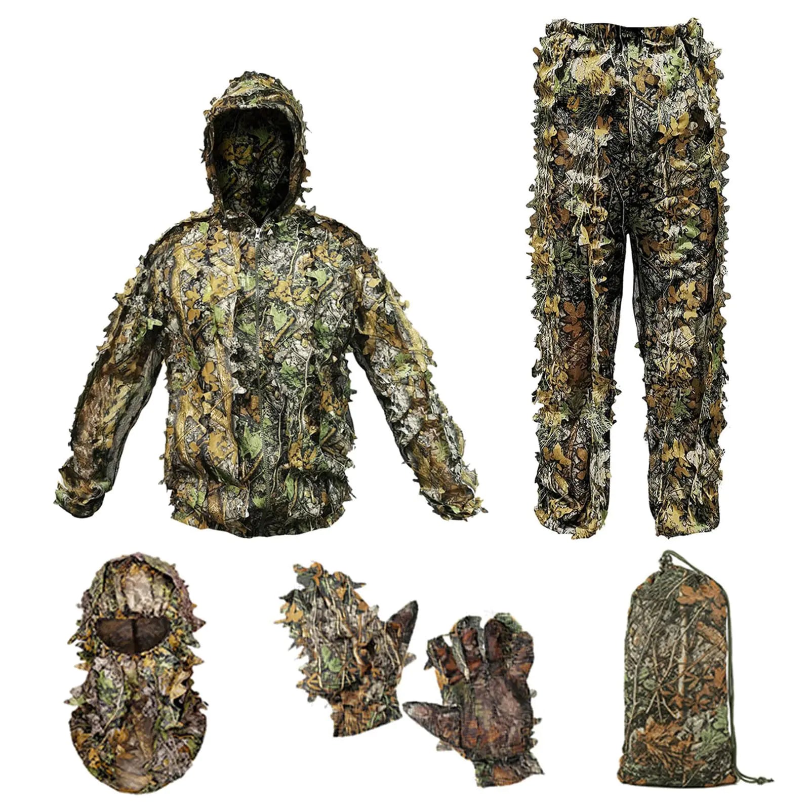 Ghillie Suit Camouflage Hunting Suits Outdoor 3D Leaf Lifelike Camo Clothing Lightweight Breathable Hooded Apparel Suit Hunting Gloves Leafy Face Mask and Bag for Jungle Shooting Halloween…