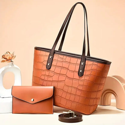 Crocodile Embossed Tote Bag Set with Clutch Purse