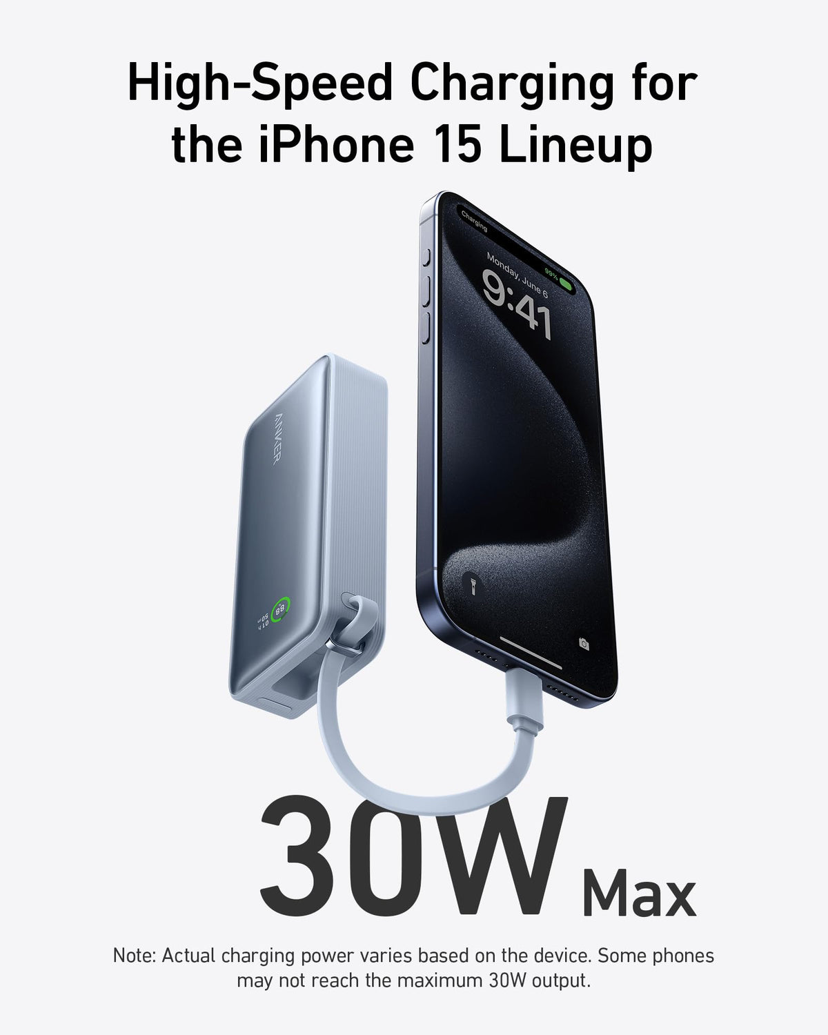 Anker Nano 30W power bank with built-in USB-C cable in Ice Lake Blue, portable charging device for smartphones and tablets.