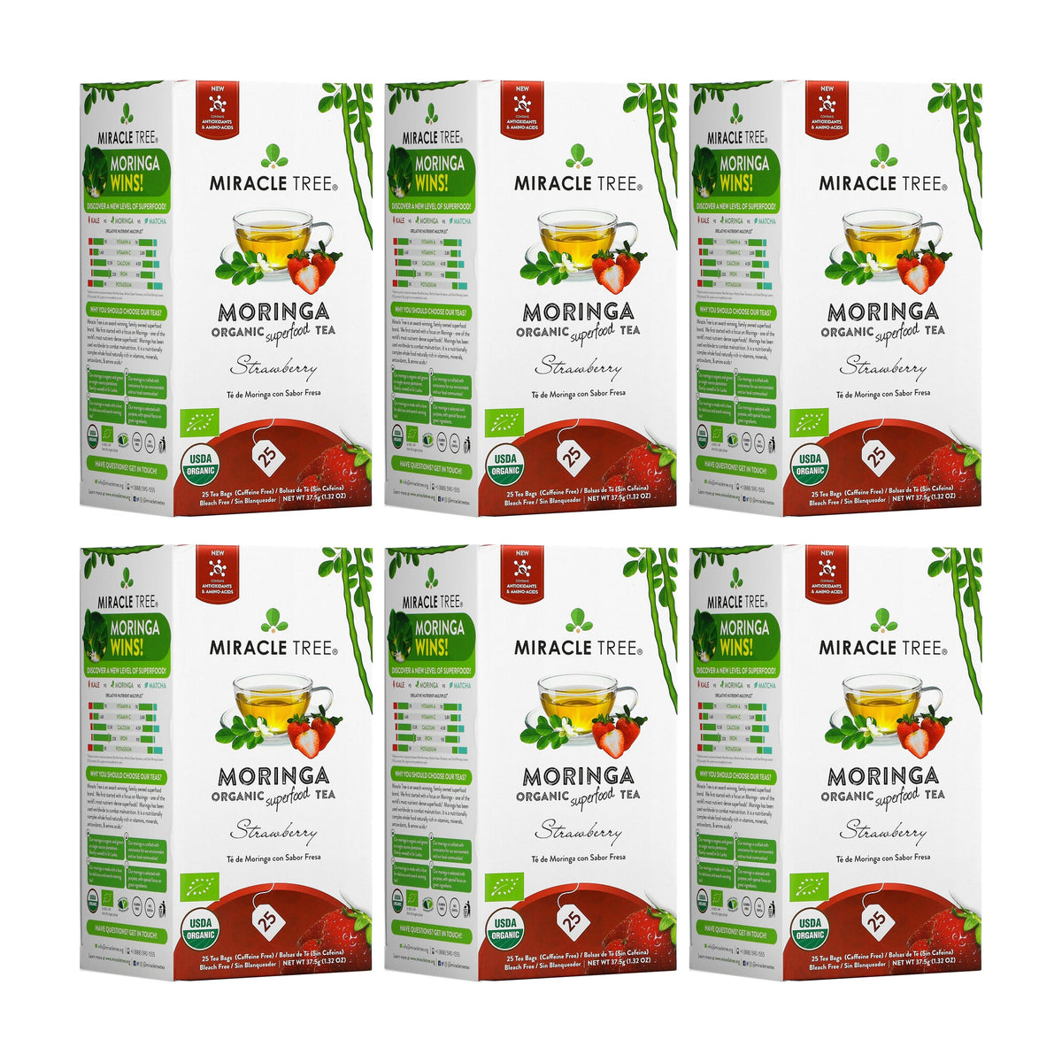 Organic Moringa Tea by Miracle Tree featuring strawberry flavor, caffeine-free herbal tea with fresh tea leaves and strawberry slices.