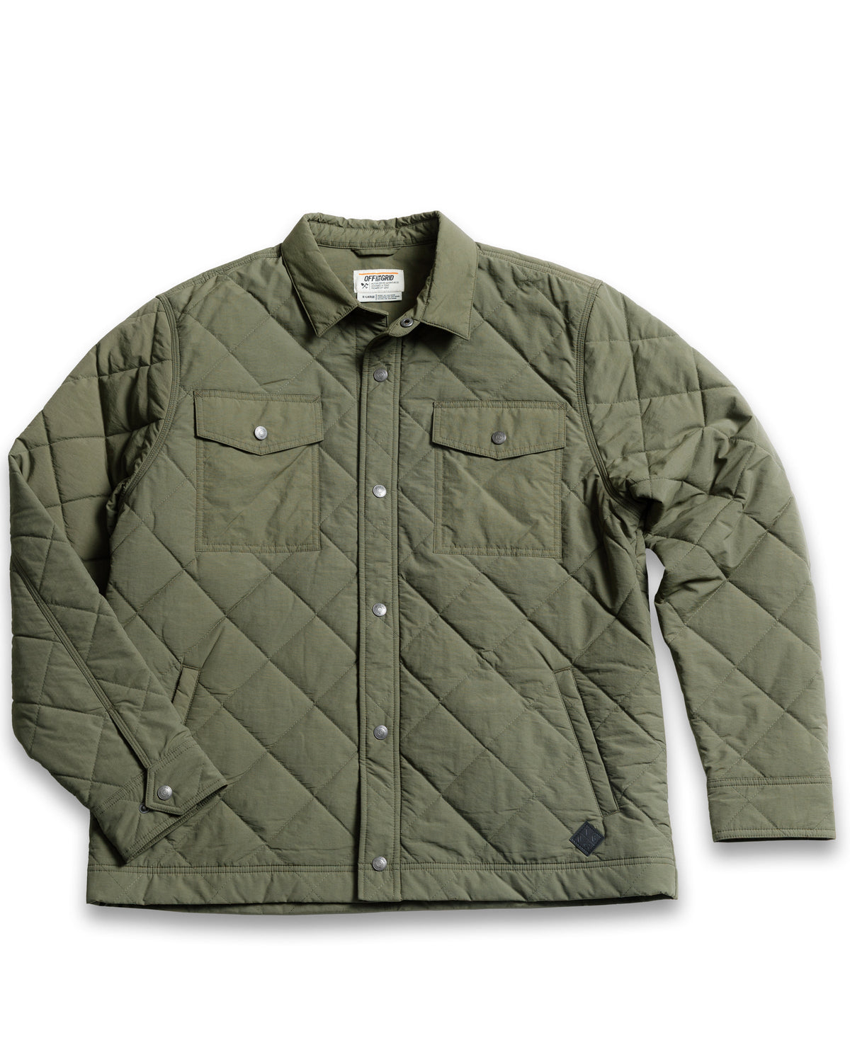 Dark olive Ignite quilted jacket by Off The Grid Surplus, featuring a padded design and front zipper for warmth and style.