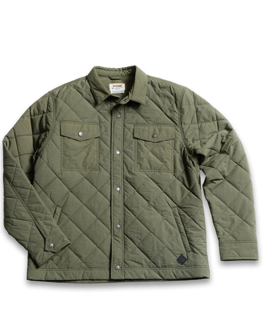 Dark olive Ignite quilted jacket by Off The Grid Surplus, featuring a padded design and front zipper for warmth and style.