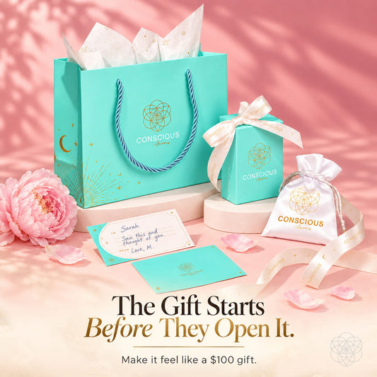 Elegant signature gift packaging by Conscious Items, featuring high-quality, stylish wrapping for special occasions.