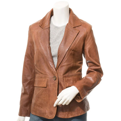 Women’s classic tan leather blazer by Gear Hikes, featuring tailored fit and sleek design, shown on a model.