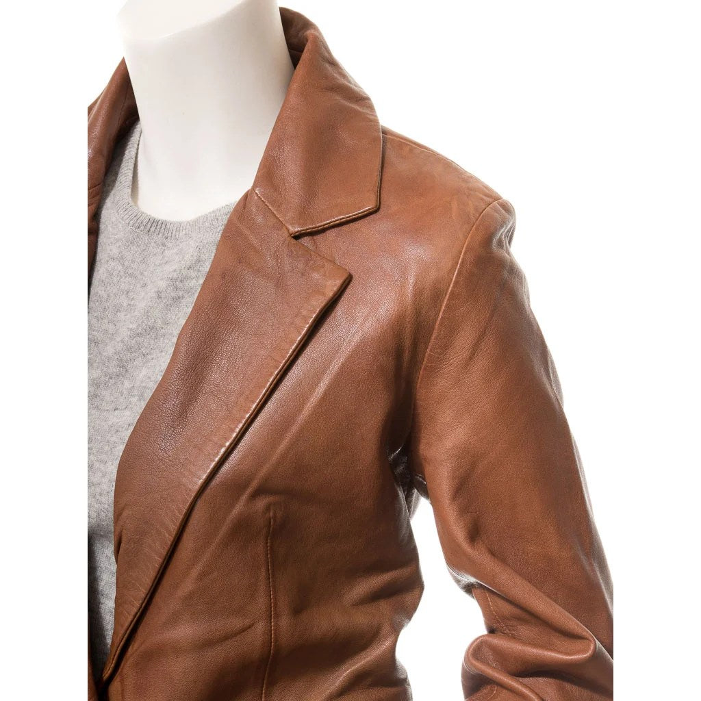 Women’s classic tan leather blazer by Gear Hikes, tailored fit with lapel collar and front buttons, styled on a hanger.
