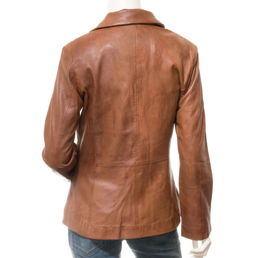 Women’s classic tan leather blazer by Gear Hikes, featuring a tailored fit and sleek design, shown on a model.