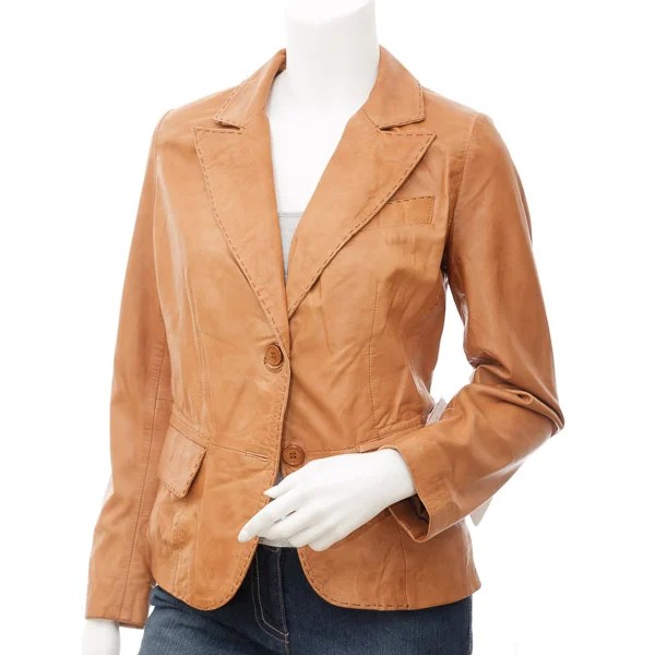 Women’s classic tan leather blazer by Converse, stylish women’s leather jacket with tailored fit and sleek design.