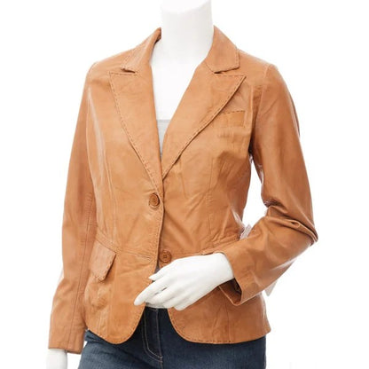 Women’s classic tan leather blazer by Converse, stylish women’s leather jacket with tailored fit and sleek design.