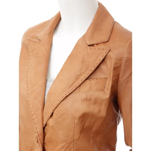 Women’s classic tan leather blazer by Converse, stylish leather jacket for women, featuring tailored fit and sleek design.
