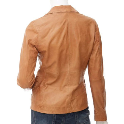 Women’s classic tan leather blazer by Converse, stylish leather jacket for women, crafted by Gear Hikes.