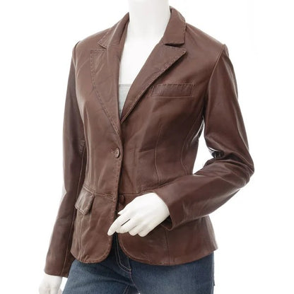 Women’s classic brown leather blazer by Converse, stylish leather jacket for women from Gear Hikes, with a tailored fit and sleek design.