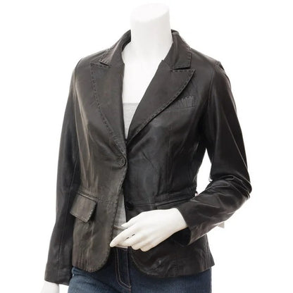 Women’s classic black leather blazer by Converse, stylish women’s leather jacket featuring sleek design and tailored fit.
