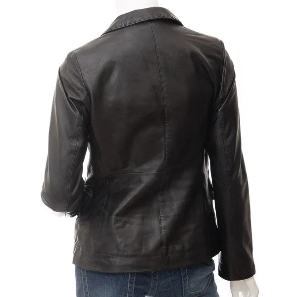 Women’s classic black leather blazer by Converse, stylish women’s leather jacket with a sleek fit and versatile design.