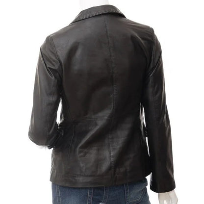 Women’s classic black leather blazer by Converse, stylish women’s leather jacket with a sleek fit and versatile design.