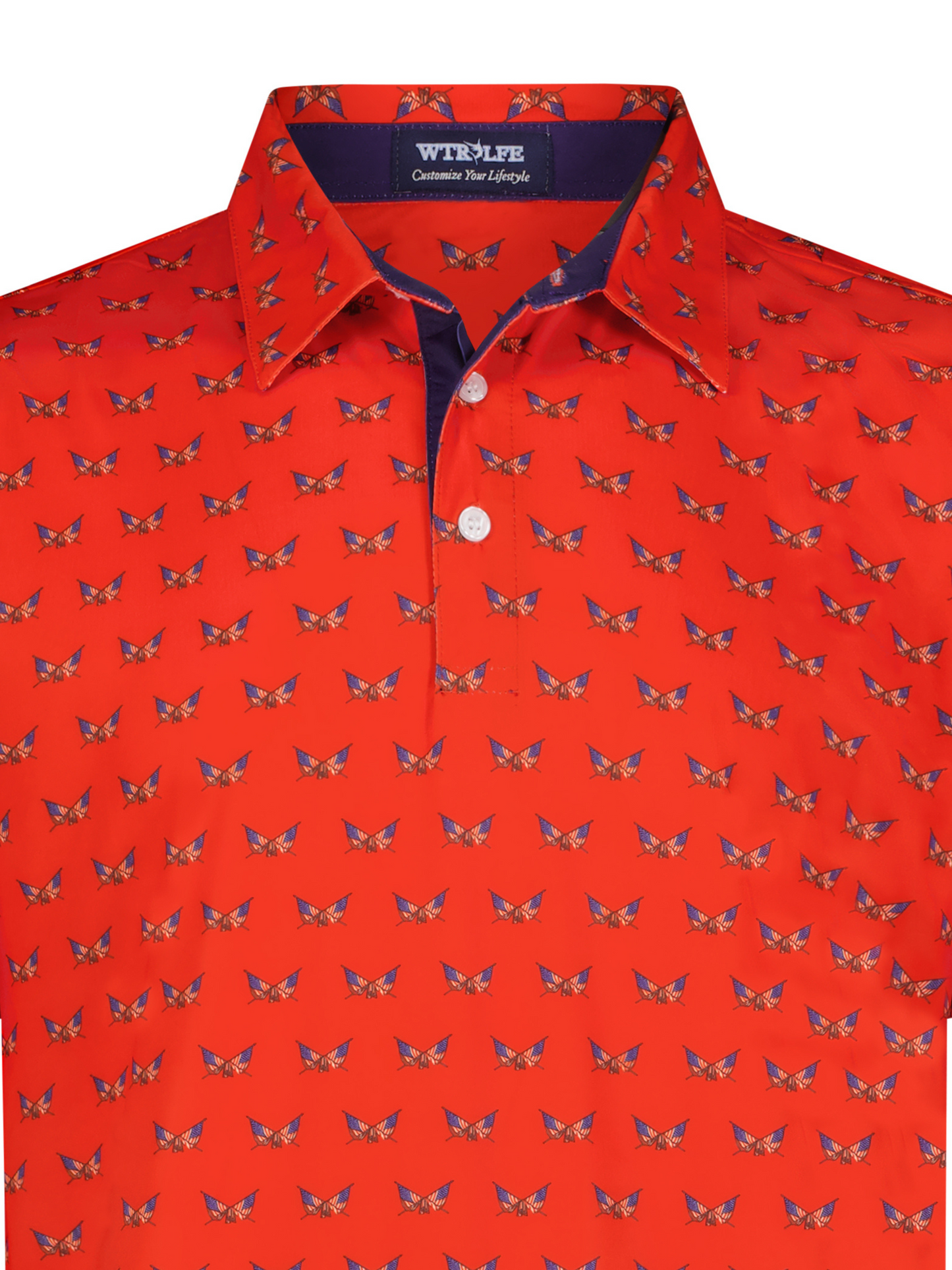 Close-up of White Water Life Independence Performance Polo shirt showing navy fabric and detailed collar stitching.