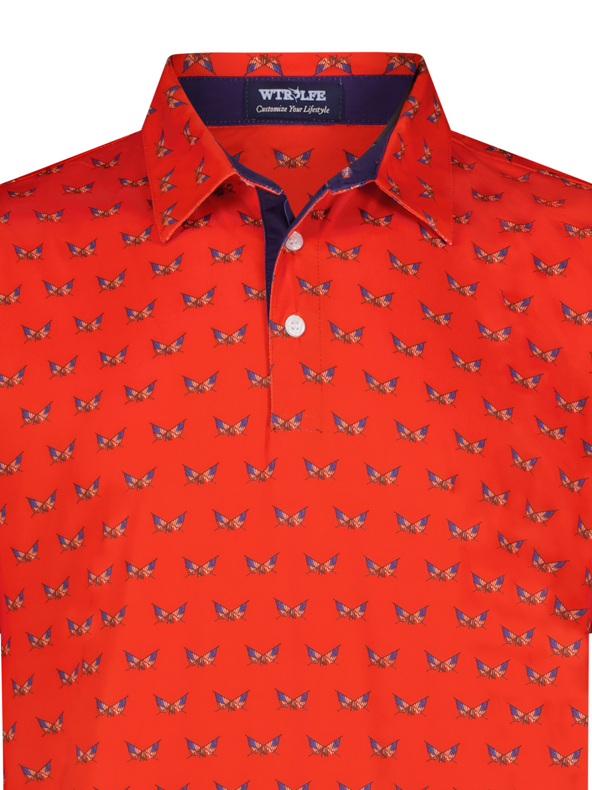 Close-up of White Water Life Independence Performance Polo shirt showing navy fabric and detailed collar stitching.