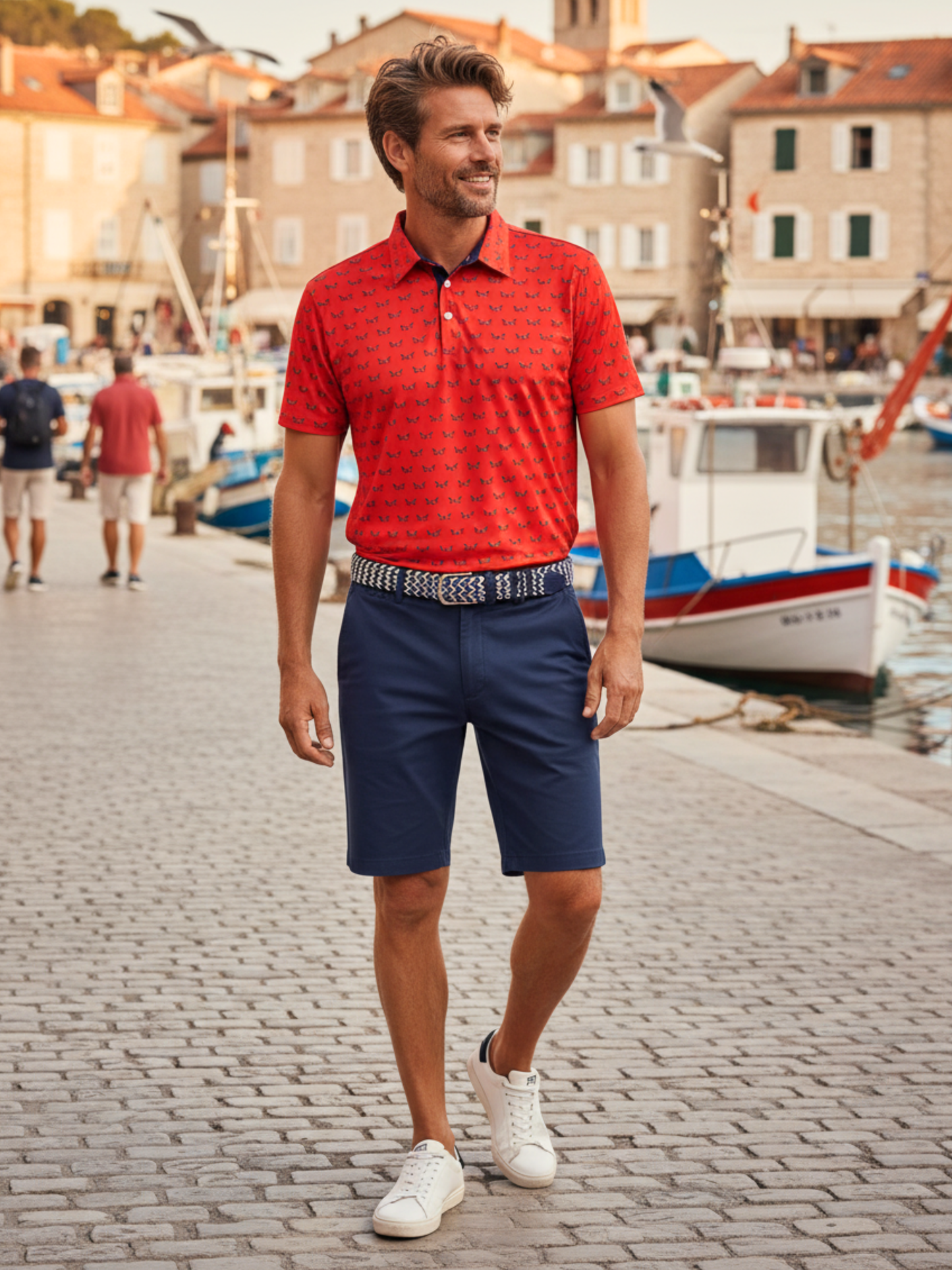 White Water Life Independence Performance Polo in navy, paired with shorts, showcasing a casual, athletic polo shirt.