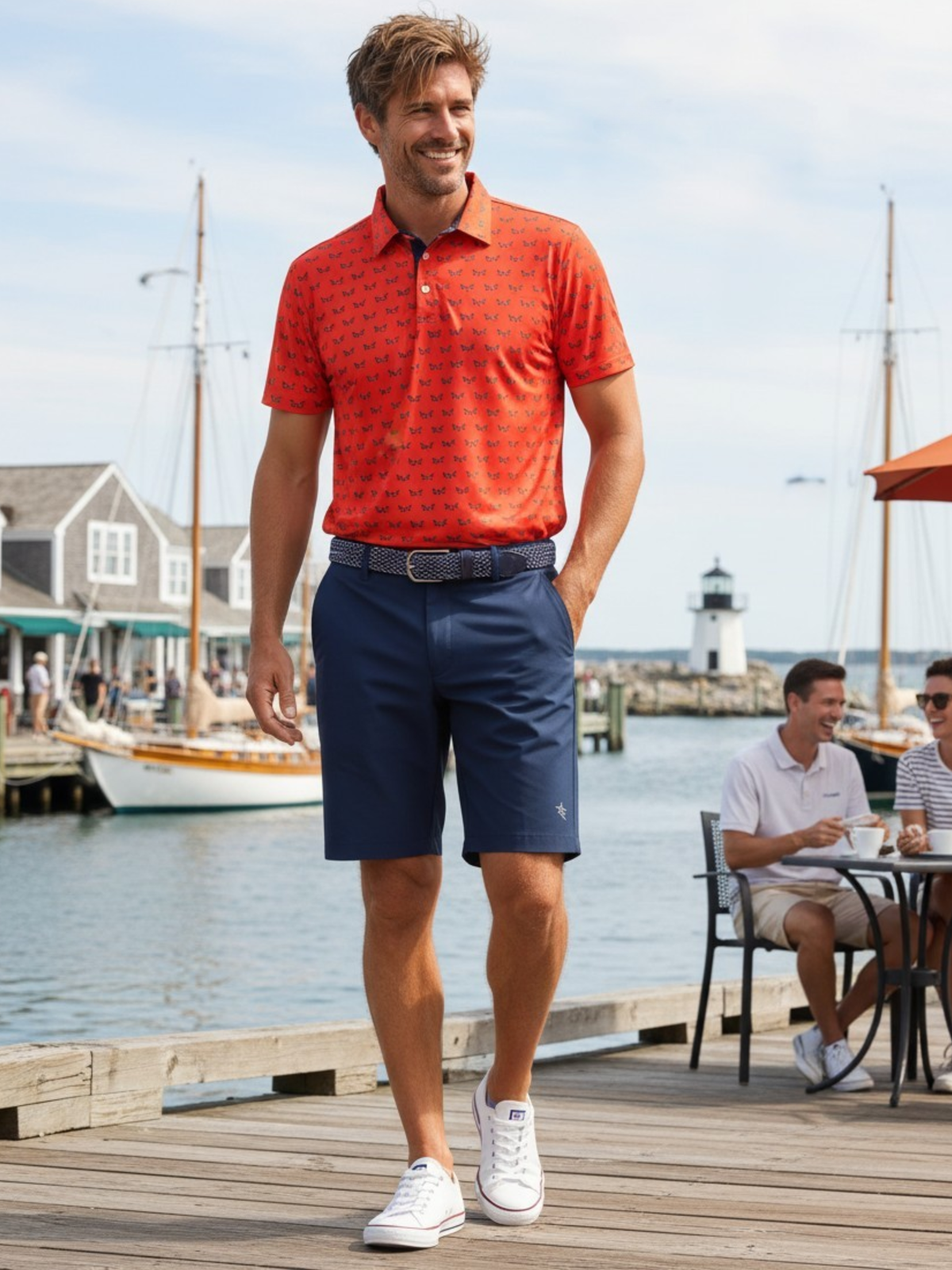 Navy Independence Performance Polo by White Water Life displayed with matching shorts on a model.