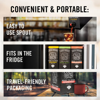 Infographic showing Java House Cold Brew On Tap Decaf coffee, with brewing process and flavor profile details.