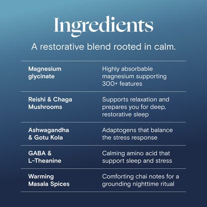 Close-up of ingredients for Foria Shuteye Chai Magnesium Mushroom Latte, featuring mushrooms, herbs, and natural flavorings.