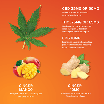 Hemp-derived CBD edible gummies with CBG, featuring ingredients and natural fruit flavors for soothing relief.