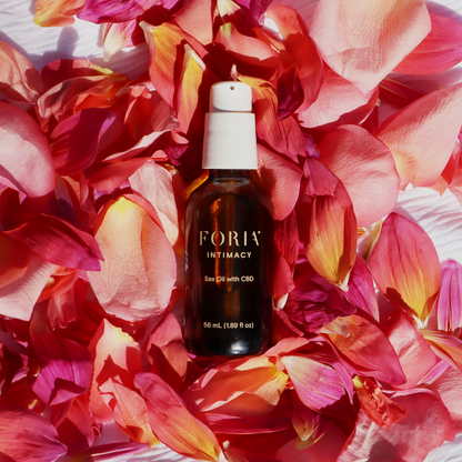 Foria CBD sex oil bottle with dropper, shown on a neutral background, emphasizing intimate use and natural ingredients.