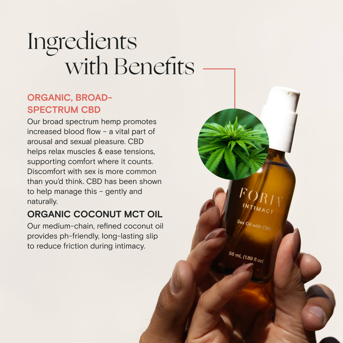 Foria CBD sex oil bottle with dropper, showing the intimate product designed for enhanced sensual experiences.