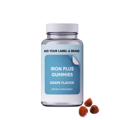 Tapioca snack with iron multivitamin supplement, branded IronPLUS, featuring colorful tapioca pearls and vibrant packaging.