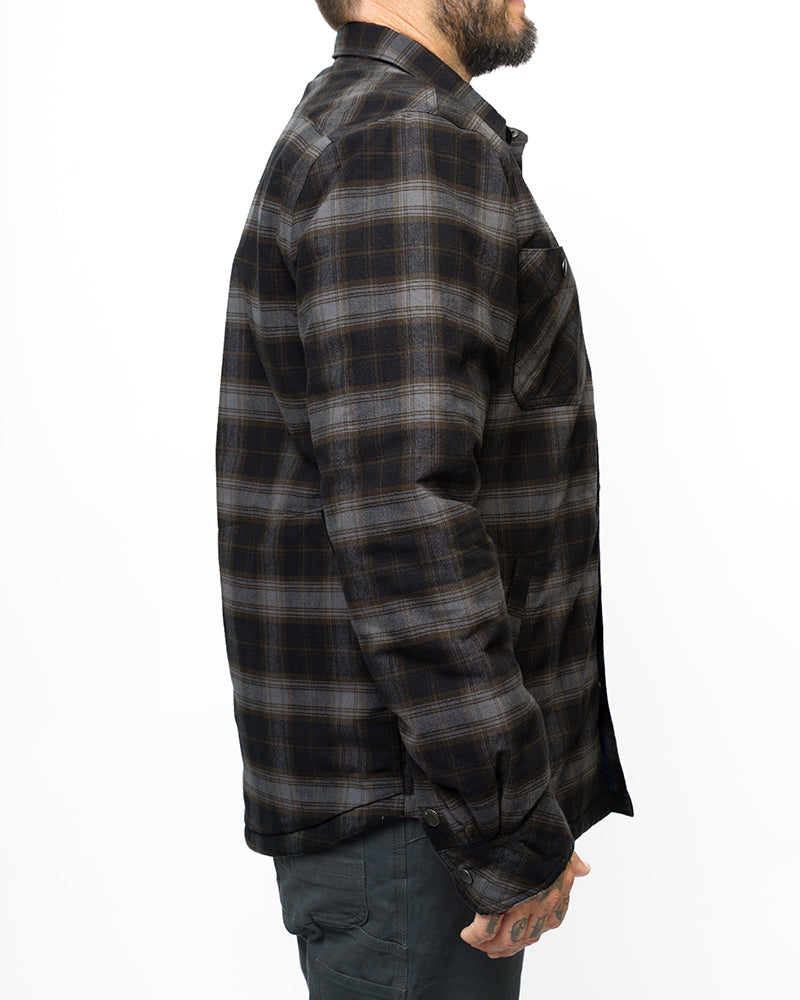 Black Ironside Flannel jacket by Off The Grid Surplus, showing front view with button-up design and classic flannel texture.