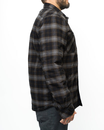 Black Ironside Flannel jacket by Off The Grid Surplus, showing front view with button-up design and classic flannel texture.