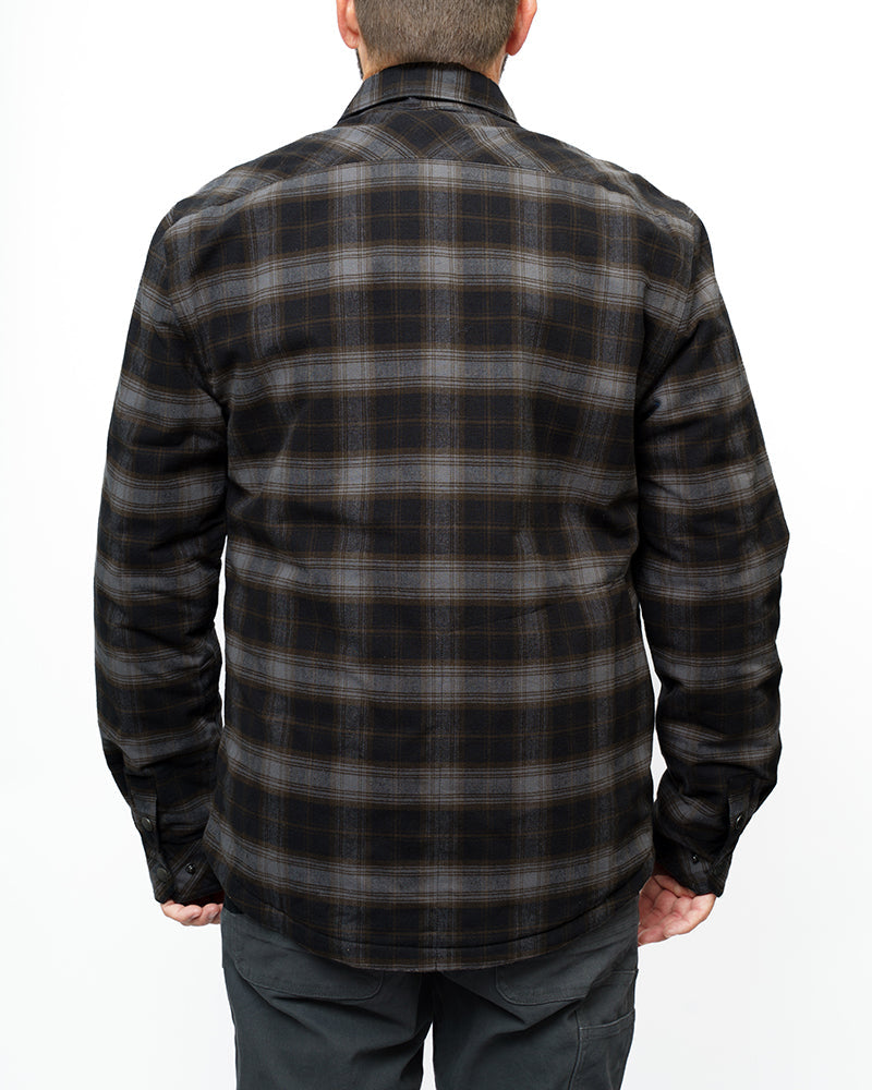 Black Ironside Flannel jacket by Off The Grid Surplus, shown on a hanger with a button-up front and classic flannel pattern.
