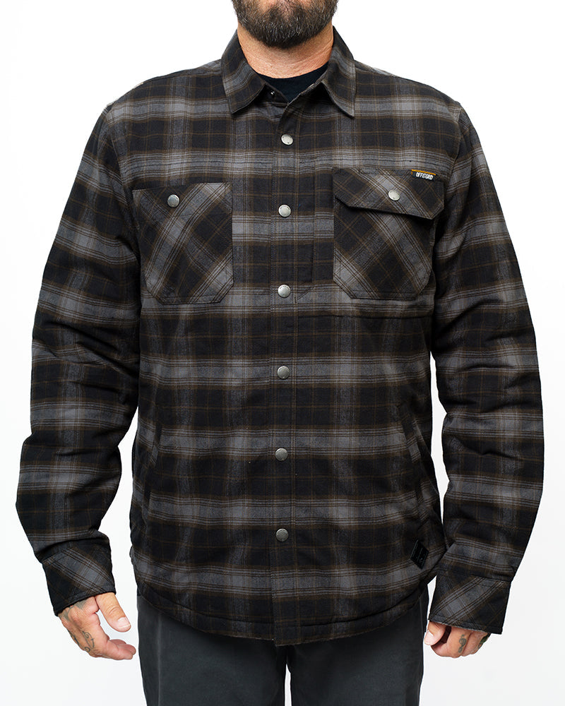 Black Ironside Flannel jacket by Off The Grid Surplus, shown with front view and button details.