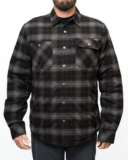 Black Ironside Flannel jacket by Off The Grid Surplus, shown with front view and button details.