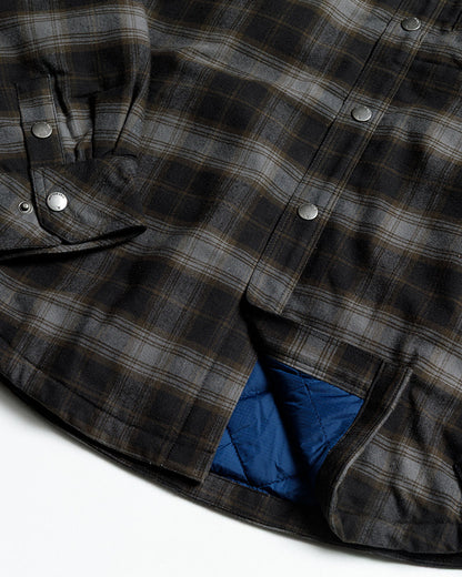 Black Ironside Flannel jacket by Off The Grid Surplus, shown with a front view highlighting the stylish collar and button details.