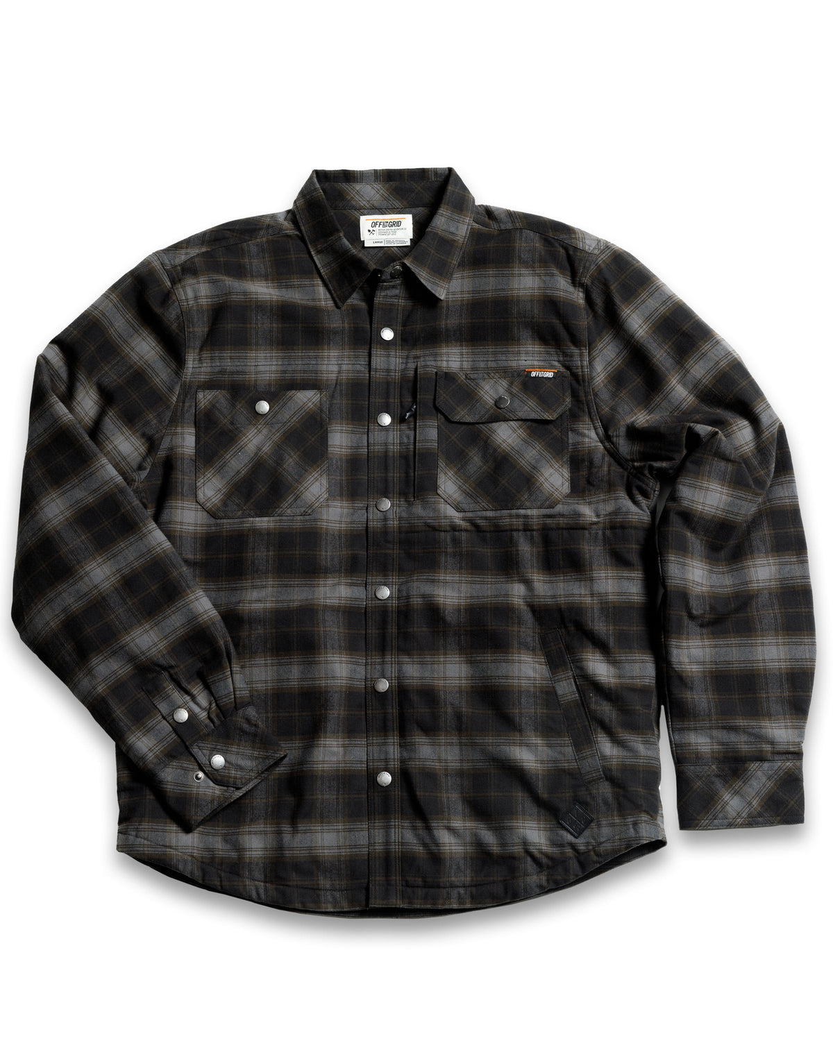 Black Ironside Flannel jacket by Off The Grid Surplus, showing front view with button-up design and classic flannel pattern.