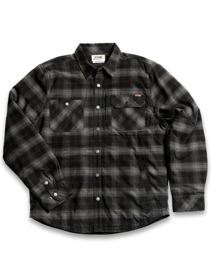 Black Ironside Flannel jacket by Off The Grid Surplus, showing front view with button-up design and classic flannel pattern.